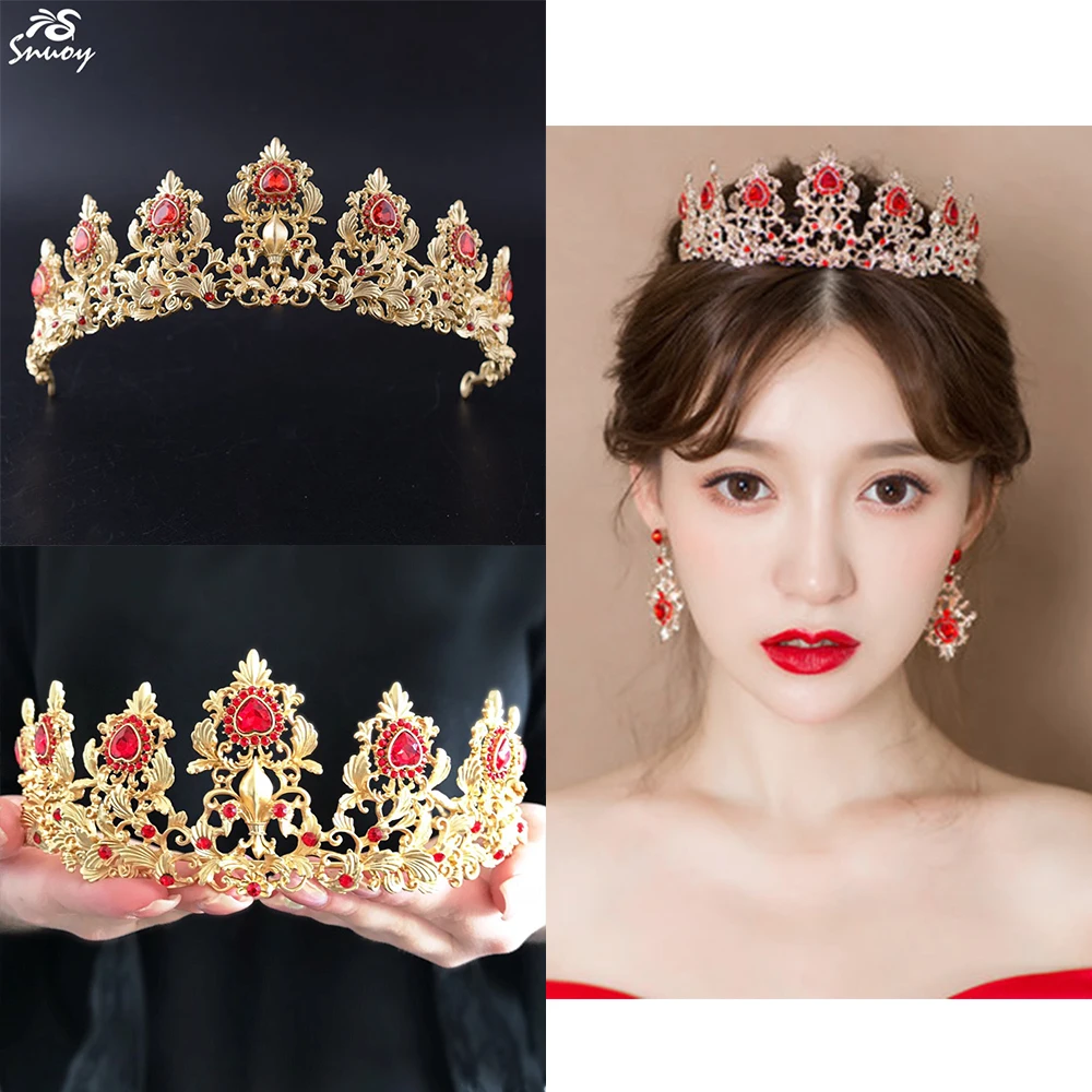 

Snuoy Gold Red Tiara Queen Crown and Tiaras Medieval Halo Crowns Birthday Crown Pageant Prom Bridal Wedding Hair Accessories