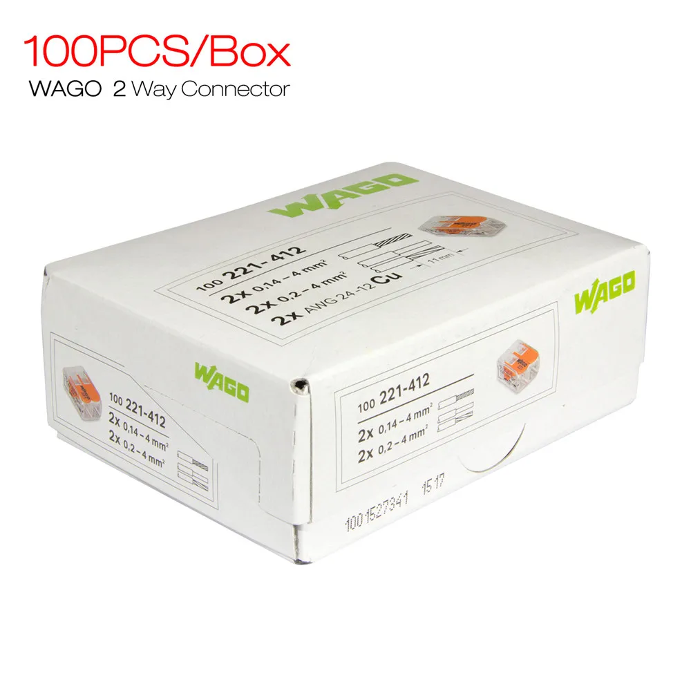 

100pcs WAGO Electric Cable Connector 2 Way Reusable Original WAGO 221-413 Transparent Wire Terminals