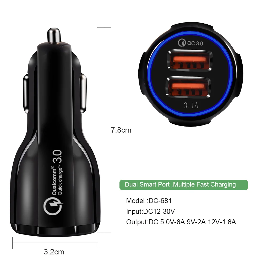 Автомобильное зарядное устройство CRDC quick charge 3,0 USB Автомобильное зарядное устройство 30 Вт QC 3,0 быстрое зарядное устройство для iPhone 8 X samsung S9 S8 и т. д. автомобильное зарядное устройство