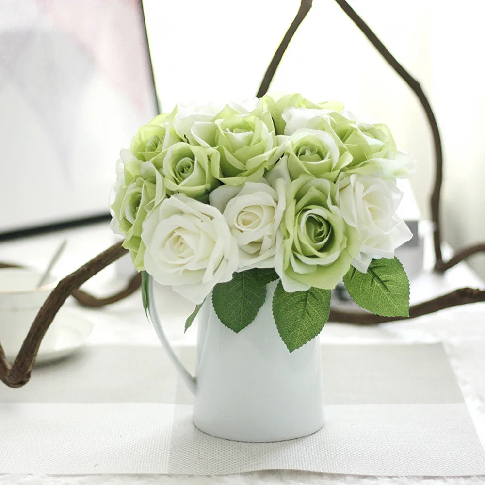 9 Heads Artificial Silk Fake Flowers Leaf Rose Wedding Floral Decor Bouquet Flowers for Home Wedding Decoration indoor#T1P - Цвет: Green