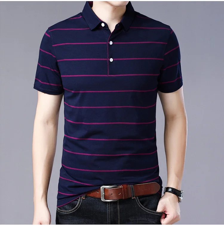 Liseaven мужские рубашки поло с коротким рукавом, полосатые рубашки поло, мужские повседневные рубашки поло, мужская одежда - Цвет: Тёмно-синий