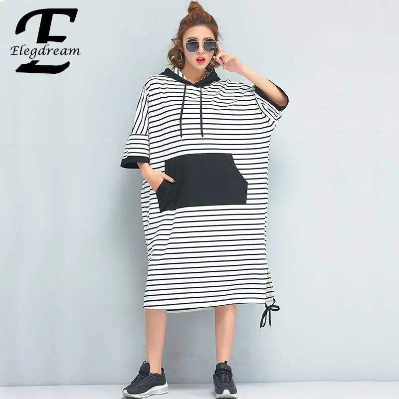 

Elegdream Oversized Women Clothing Ladies Casual Dress Fashion Striped Pocked Dresses Loose Long Top Tee Shirt Tunic Vestidos