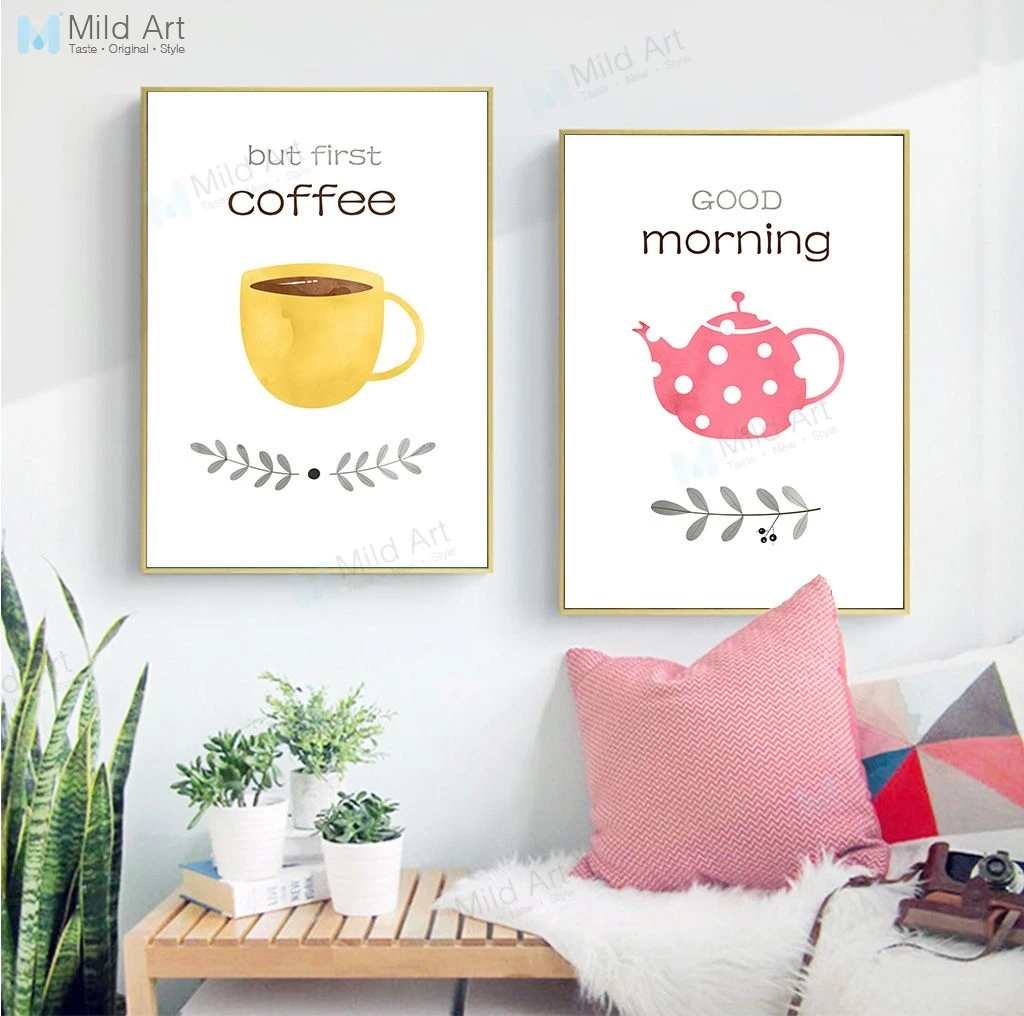 

Watercolor Kawaii Yellow Pink Coffee Cup Quotes Poster Print Nordic Kitchen Wall Art Picture Home Cafe Bar Decor Canvas Painting