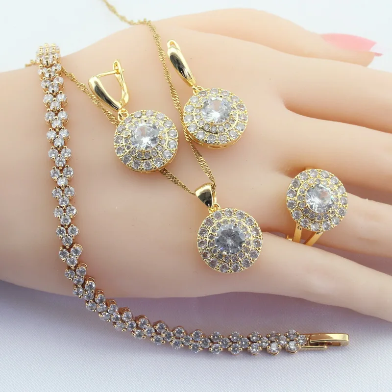 Круглый белый кубический цирконий Золотой Цвет Ювелирные наборы для женщин браслет серьги ожерелье кулон кольца подарочная коробка WPAITKYS