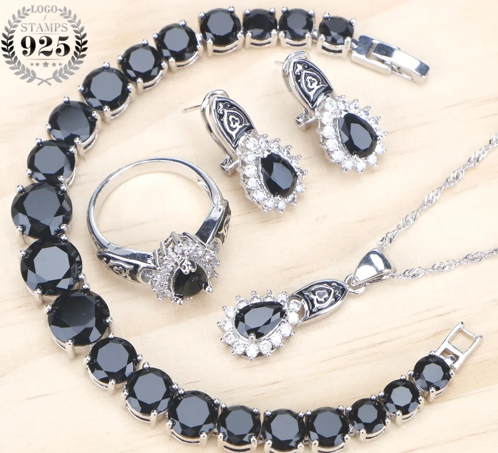 

2018 Women Bridal Cubic Zirconia Jewelry Sets Wedding Silver 925 Jewelry Bracelets Black Earrings Rings Necklace Set Gifts Box