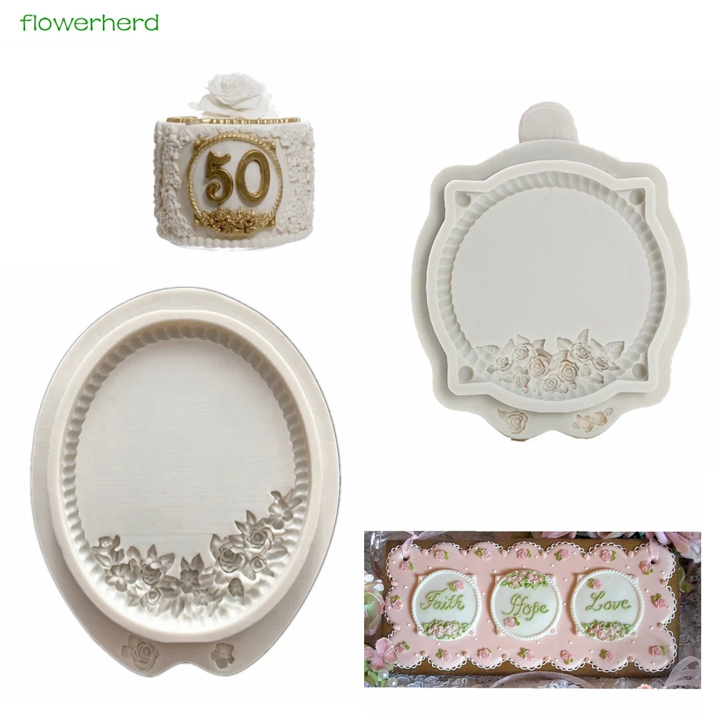 

Rose Circle Plaque Frame Silicone Mold Fleur Oval Plaque Fondant Cake Mold Cake Decorating Tools Chocolate Gumpaste Sugarcraft