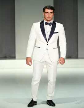 

2017 Latest Design One Button Ivory Groom Tuxedos Shawl Satin Lapel Best Man Groomsman Men Wedding Suits (Jacket+Pants+BowTie)