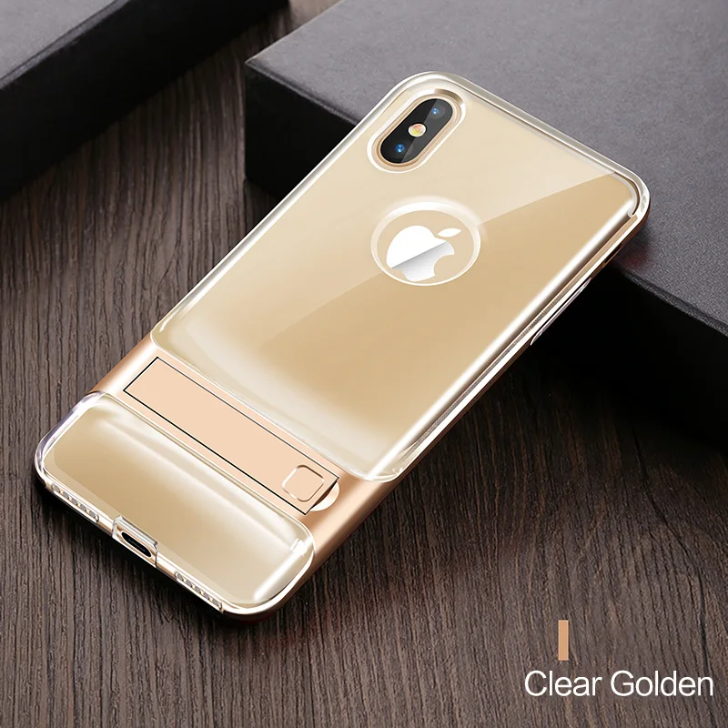 Чехол для телефона iphone 8 Plus XS Hybric PC+ TPU Armor Kick Stand Ультратонкий Роскошный чехол для iphone X Чехлы 2в1 защитный чехол - Цвет: Clear Gold