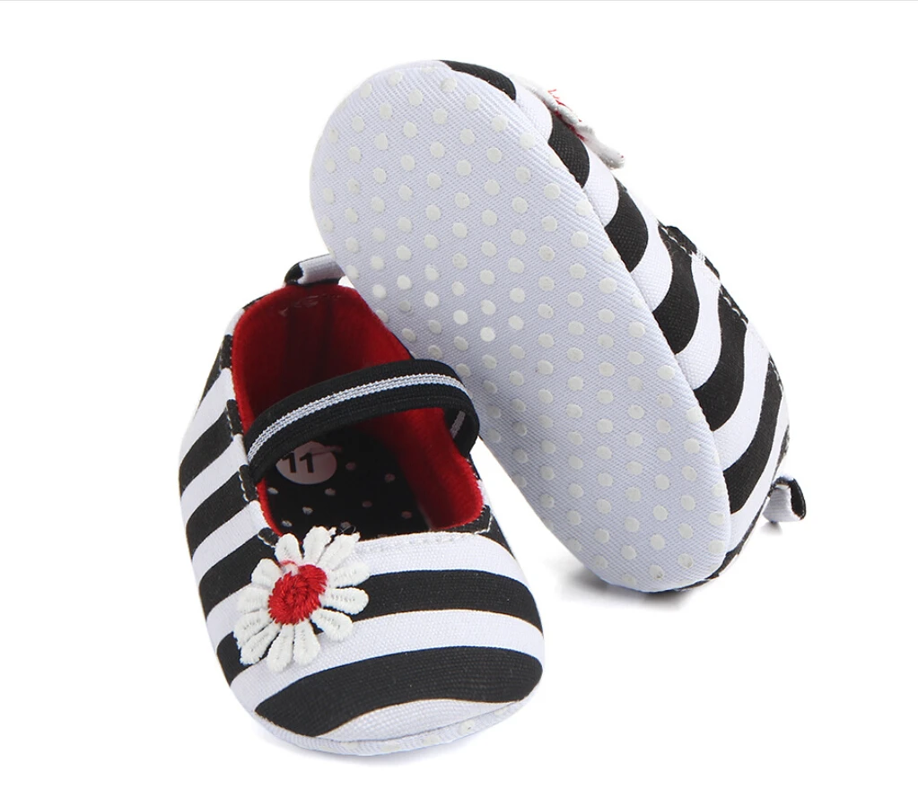 CANIS/мягкая обувь для младенцев, в полоску, с цветочным принтом, в стиле пэчворк, кроссовки для детей от 0 до 18 месяцев - Цвет: Черный