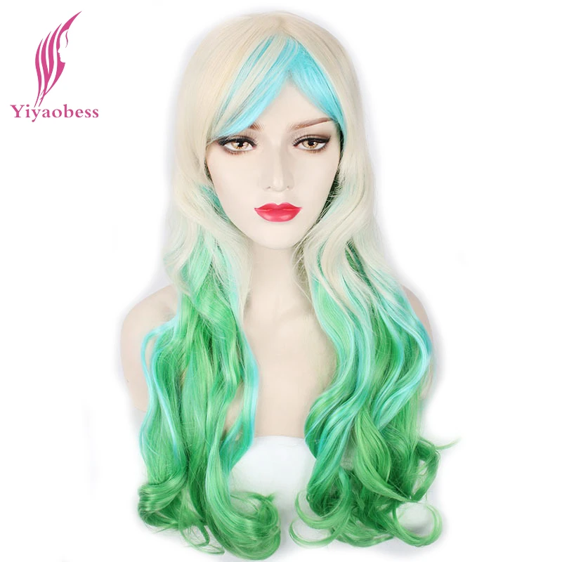 Yiyaobess 26inch Blonde Blue Green Ombre Wig Harajuku Long Wavy Wigs