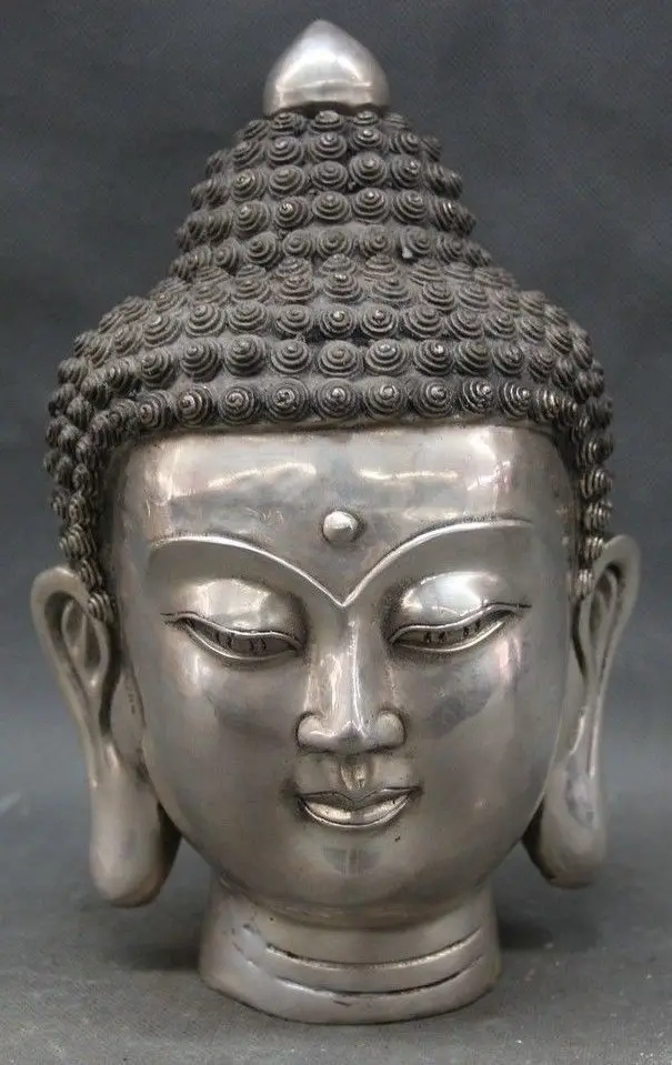 

9" Tibet Tibetan Buddhism Silver Shakyamuni Sakyamuni Buddha Head Bust Statue