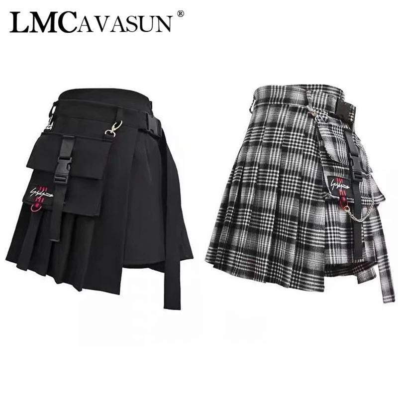 LMCAVASUN/M-4XLWomen, шорты с высокой талией, юбки с карманом, Япония, Harajuku, жесткая винтажная клетчатая мини-юбка в складку