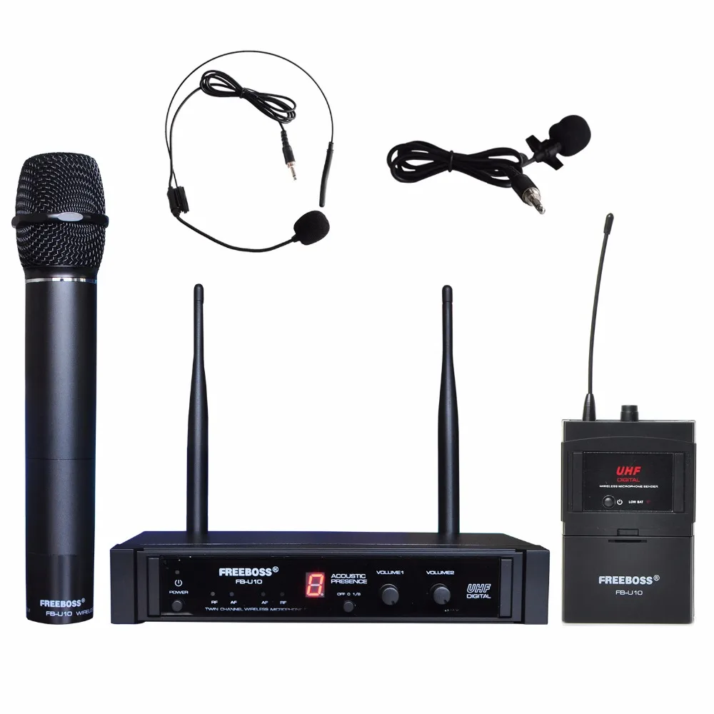 

FB-U10H Dual Way Transmitter Digital UHF Wireless Microphone with handheld + Lapel + Headset microphone for Karaoke mic