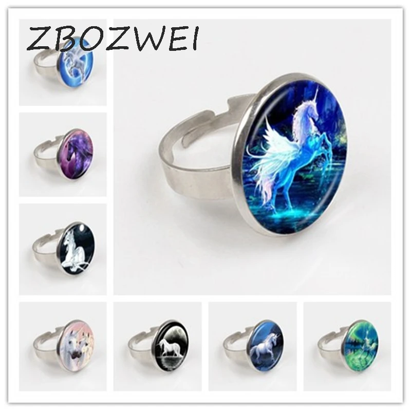 ZBOZWEI 2018 Moonlight Unicorn Photo Ring Horse with Wings Jewelry Glass Cabochon Ring Women Fashion Jewelry