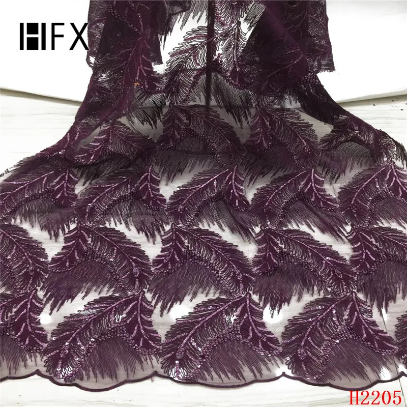 

HFX African advanced Sequins Tulle Lace Fabric 2019 Latest French High Quality Nigerian Embroidery Lace purple for party H2205