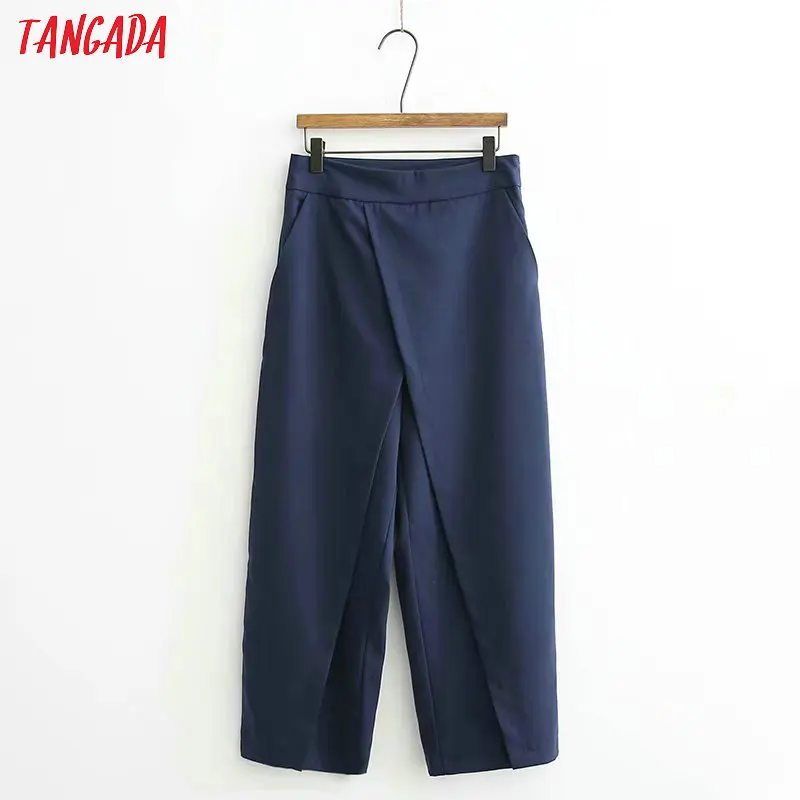 Tangada темно синие брюки кюлоты синие кюлоты кюлоты с высокой талией брюки с завышенной талией офисные брюки повседневные брюки хлопковые брюки стильные кюлотыXD449