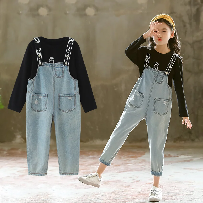 

3 4 5 6 7 8 9 10 11 Years Children Clothing Set 2018 Autumn Girls Clothes Long Sleeve Shirt + Overalls Jeans 2pcs Ensemble Fille