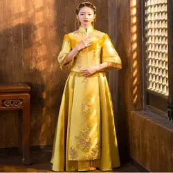 2018 лето-осень особенная Мода китайский невесты нарядное платье Золотой cheongsam сучжоуская вышивка Женский Золотой кимоно