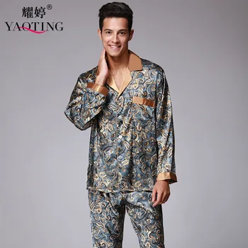 

Silk men pajama set full sleeve long pants home set turn down england style button decoration elastic waist