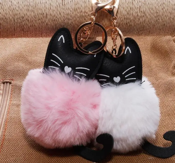 

10PCS Car Keyring Snow Fur Key Holder Rabbit Fur Ball Key Chain Black Cat Head Doll Keychain Animal Pompom Pendant Charm Jewelr