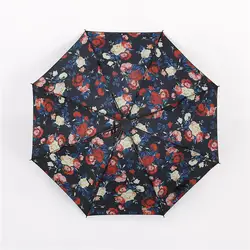 Портативный Роза Цветочный принт Стиль черное покрытие Защита от солнца тени Для женщин Зонты три складной зонт Защита от солнца/дождь