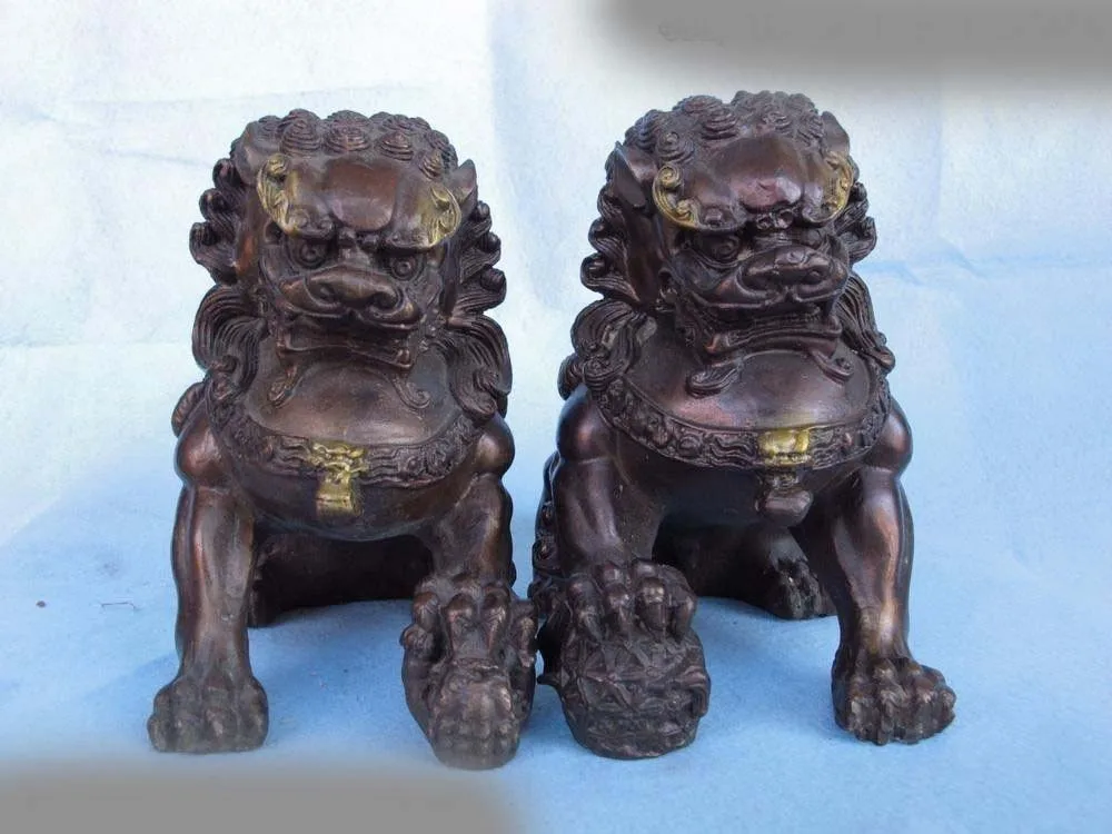 

6 Chinese Red bronze Palace Feng shui Evil Fu Foo Dog Guardian Door Lion on Pair
