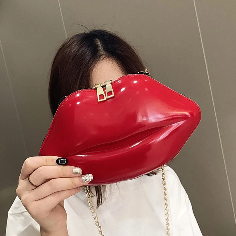 Women Red Lips Clutch Bag Ladies Pu Leather Chain Shoulder Bag Bolsa Evening Bag Lips Shape Purse