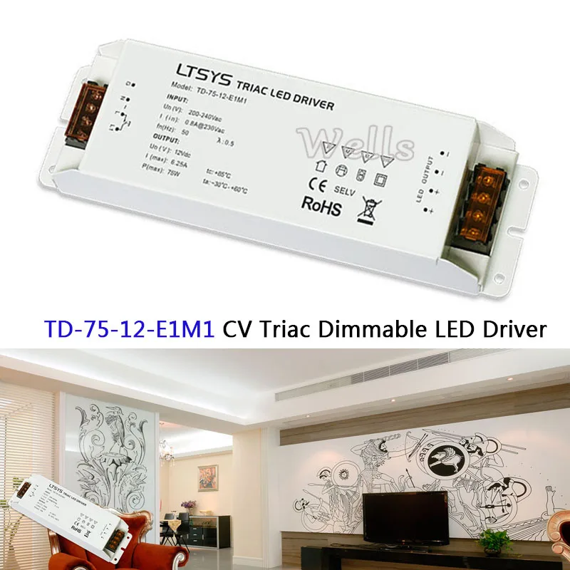 

TD-75-12-E1M1 intelligent led driver;12VDC 6.25A 75W constant voltage Triac Dimmable LED Driver Triac Push Dim