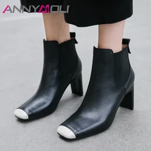 ANNYMOLI Fall Genuine Leather Ankle Boots Women Snake Print Chunky High Heels Short Boots Zip Square Toe Shoes Female Winter 39 jawakye retro fall winter newest snake skin short boots high heels square toe runway style ankle boots for women shoes
