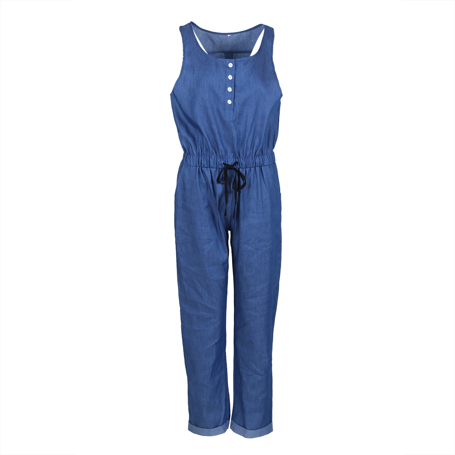 Джинсовый комбинезон для лета, женский модный крутой уличный синий Однотонный женский свободный джинсовый комбинезон без рукавов, длинные штаны, комбинезоны - Цвет: Темно-синий