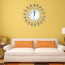 37cm Diameter Luxury Diamond Gold Peacock Frame Large Wall Clock Antique Style Metal Craft Living