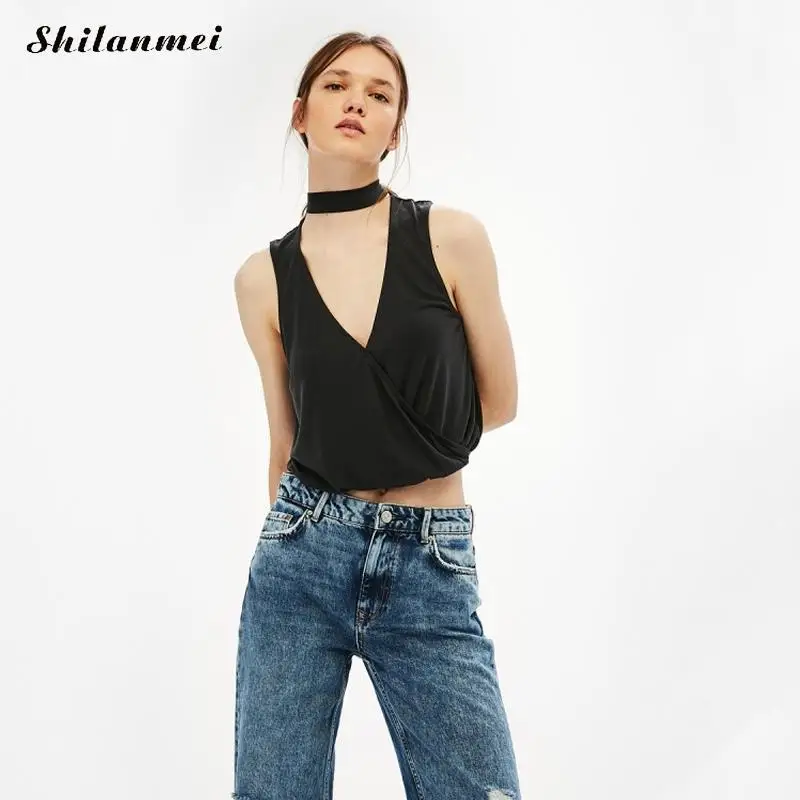 Black Deep V Neck Tank Top Sleeveless Female T Shirt Hollow Chiffon