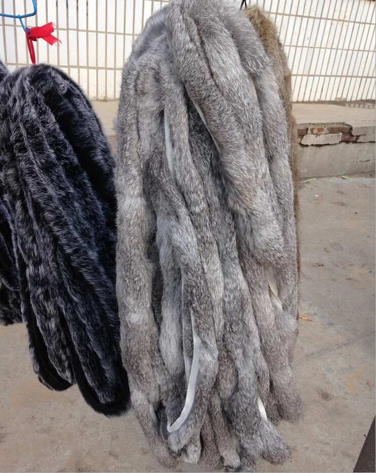

Natural grey rabbit fur strips real skin fur trim for fashion accessory