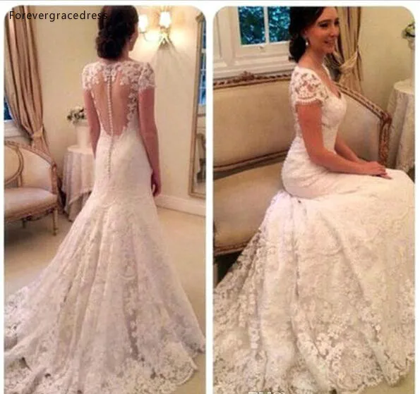 Elegant V-neck Full Lace Wedding Dresses Cap Sleeves Romantic Illusion Button Back Long Mermaid Bridal Gowns with Sweep Train BA2090  160