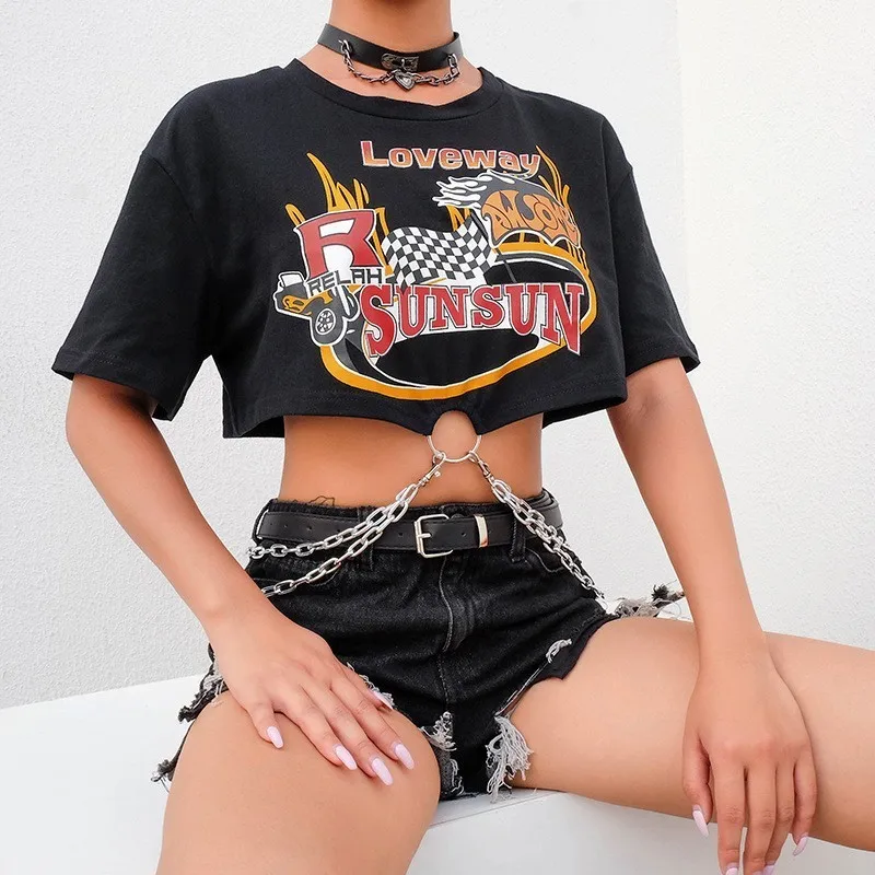 Online Cadenas Streetwear recortada camiseta mujer impresa algodón negro Dracarys camiseta mujer 2020 verano Rock Crop Camisetas Mujer