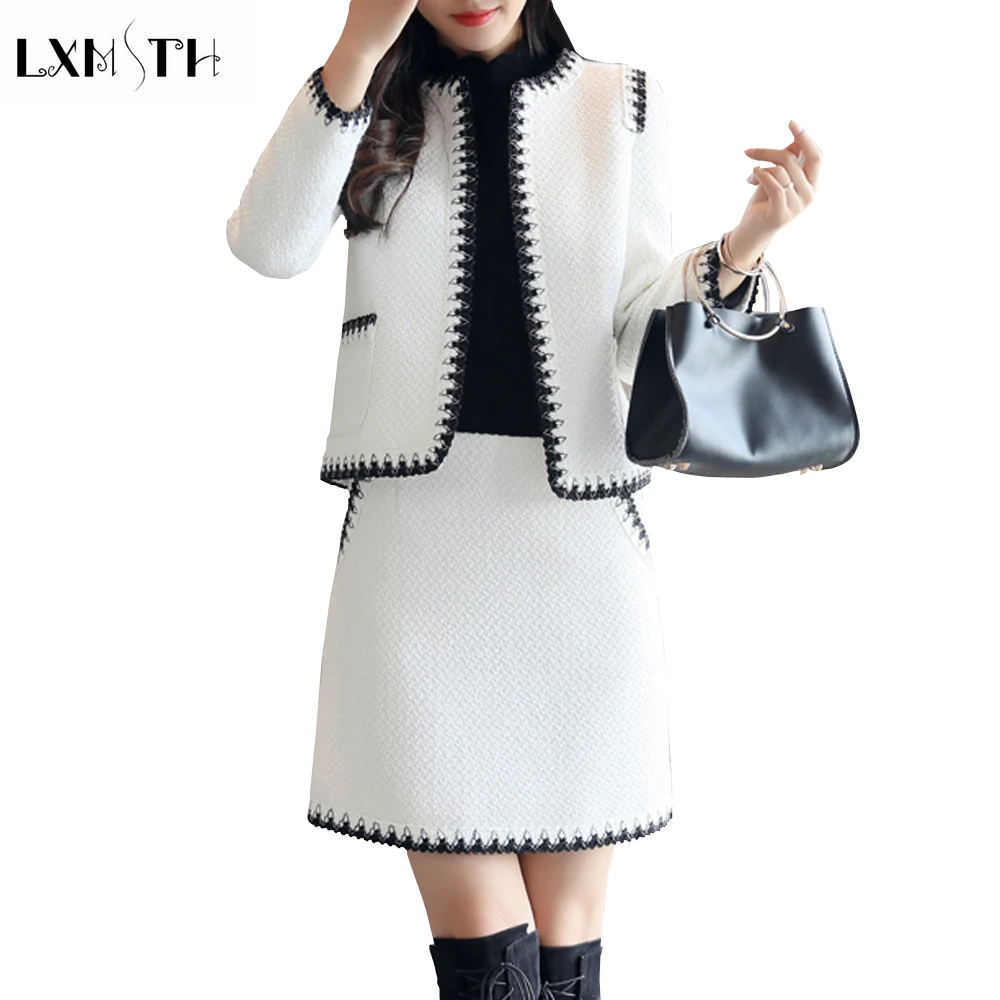 

LXMSTH 2019 New Fashion Women 2 Piece Set Autumn Tweed Jacket Coat and High Waist Mini Skirt Suits Casual Dress Suit Plus Size