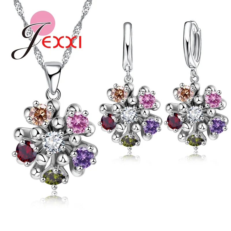 

Colorful Flower 925 Sterling Silver Crystal Jewelry Set For Women Wedding Party Silver Necklace Earrings Set