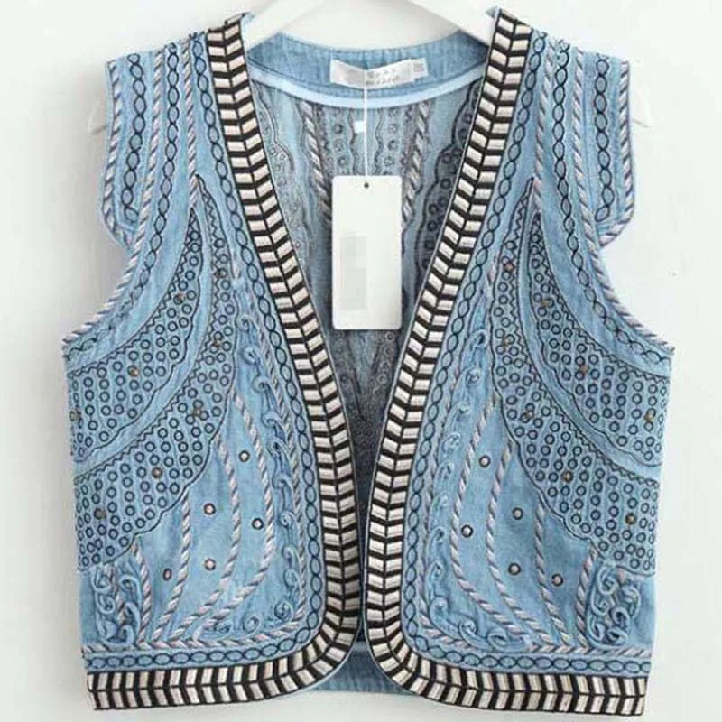 Vintage Casual Denim Vest Women Waistcoat Fashion Embroidery Sleeveless Jacket Short Jean Vest S-L