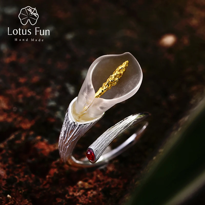 Lotus Fun Genuine 925 Sterling Silver Rings for Women Calla Lily Flower Red Zircon Finger Ring Resizable Silver 925 Jewelry