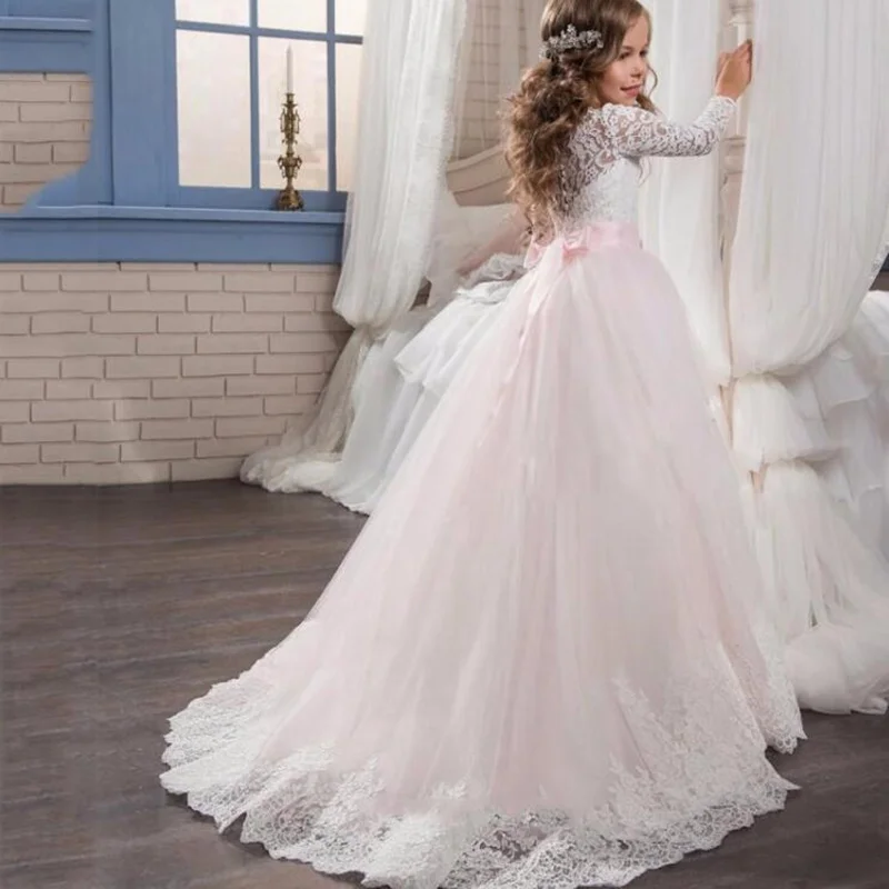 

First Communion Dress For Lace Long Sleeve Dresses Cute Bow Girls Pageant Party Gown