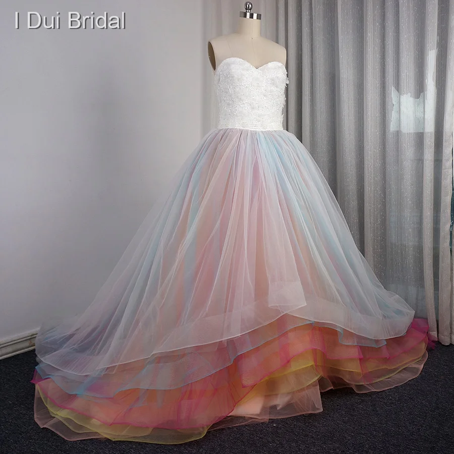 Rainbow Colorful Wedding Dress Ball Gown Tulle Tiered with Handmade ...