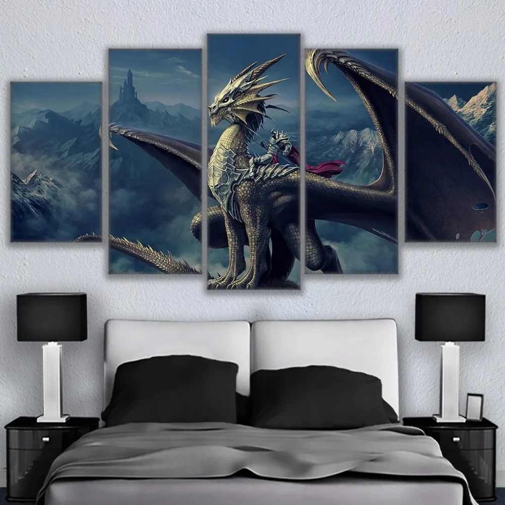 5 Panel Framed HD Printed Game Of Thrones Ice Dragon
