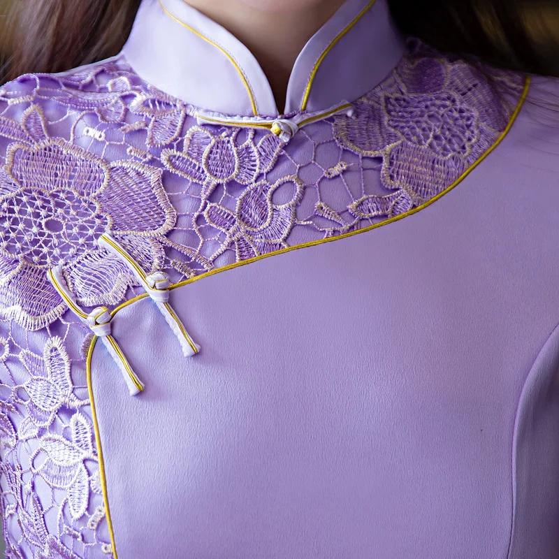 Fengmeisi китайский Cheongsam Короткие Qipao Для женщин тонкий Вышивка Кружево современный