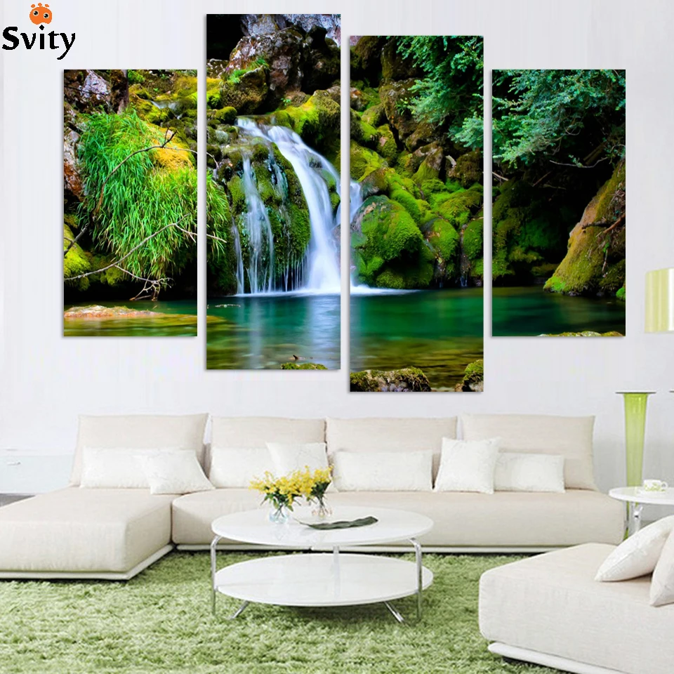 4panel Nature scenery waterfall trees painting home decoration canvas