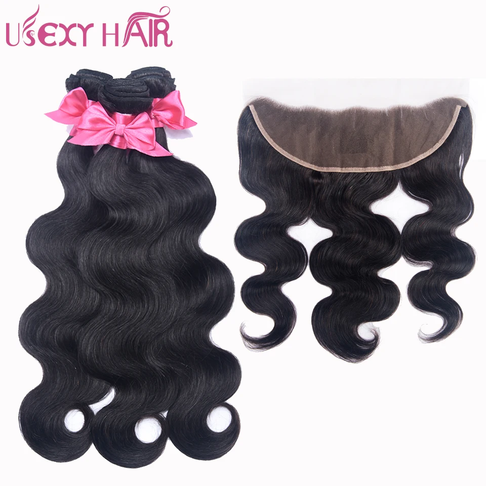 

USEXY HAIR Indian Body Human Hair Bundles 3 Pcs/Lot With Lace Frontal Closure Swiss Lace Remy Hair Bundles Free Shipping