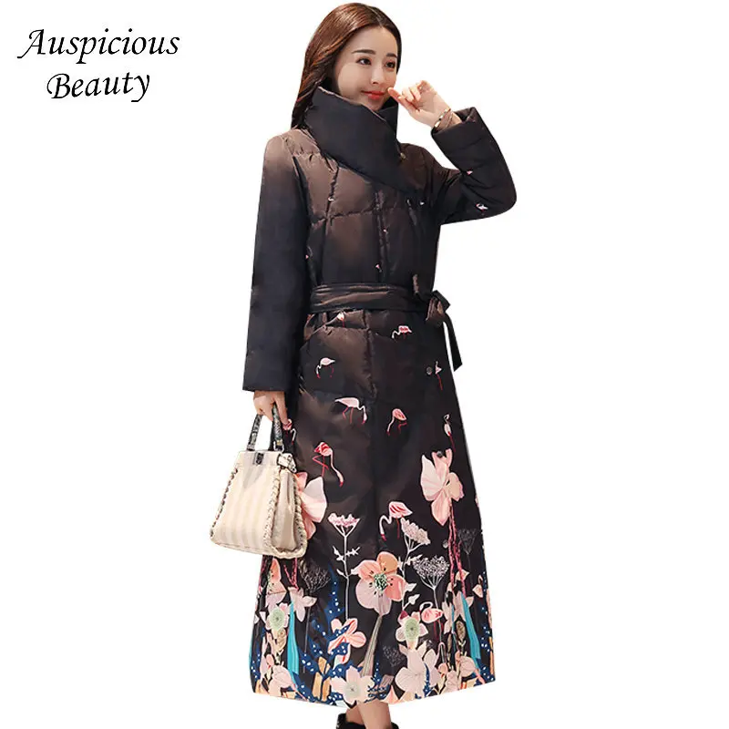 New Winter Jacket Women Print Floral Long Parkas High Collar Thick Warm