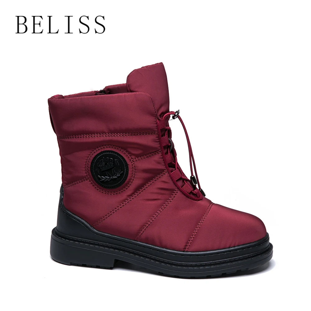

BELISS warm winter women boots mid-calf down flats boots for women waterproof ladies snow comfortable shoes woman lace up B98