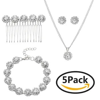 

Luxurious Wedding Crystal Necklace Hair Comb Bracelet Bridal Jewelry Set Gift for Women 5pcs/set Party Wedding Decoration