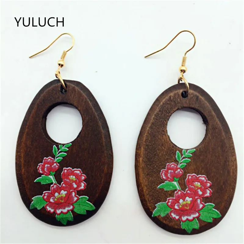 

YULUCH 1 Pair Woman Earring Latest Solid Color Handmade Wood Big drops of water pattern printing Earrings Eardrop for Woman
