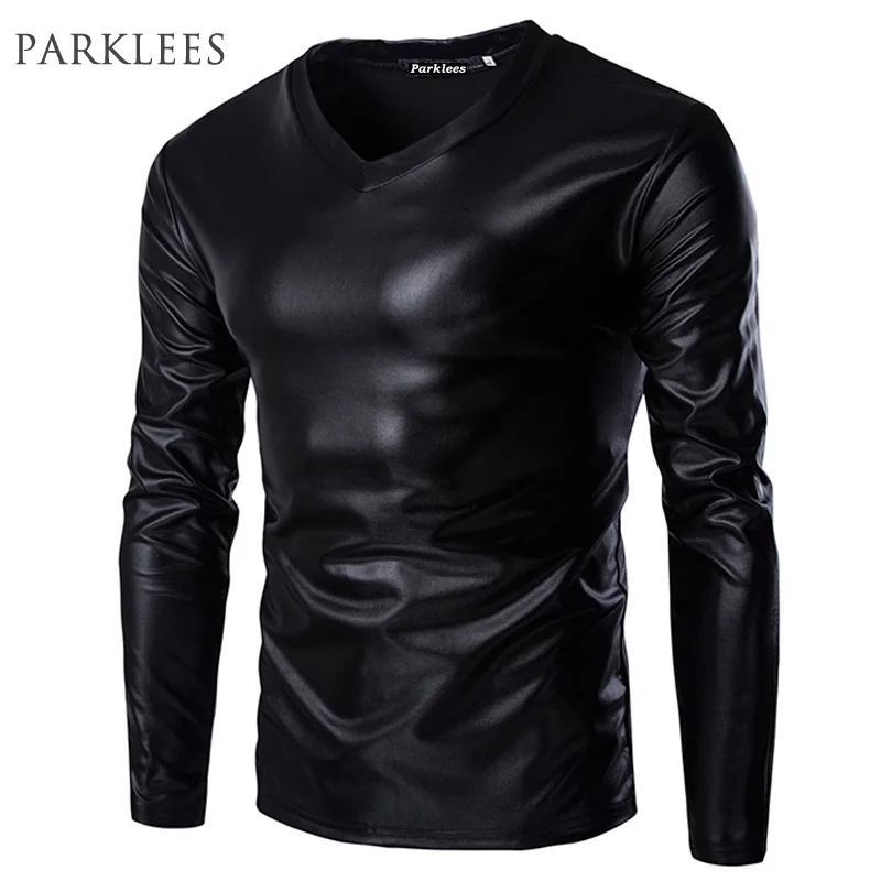 Cool Black Metallic T Shirt Men Brand Long Sleeve V Neck Glossy Mens T ...